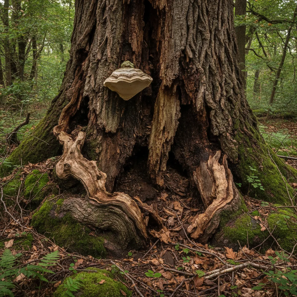 Extreme close-up of a large hardwood trunk with a patch of shelf fungus and cracked, decaying bark near the mossy base, the kind of defect a risk assessment looks for
