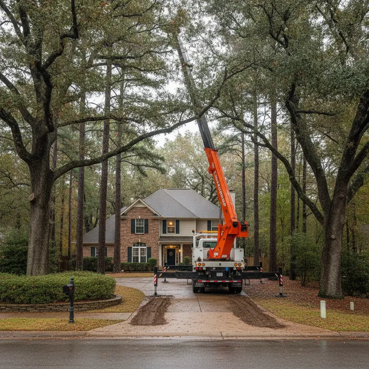 A tree-service crane truck set up on a residential street with its stabilizer outriggers down on the driveway, tall oaks and pines around a suburban home