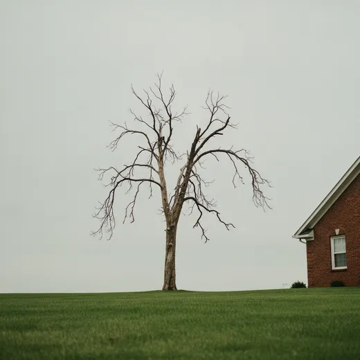 A leafless dead hardwood tree with brittle limbs standing beside a green suburban lawn