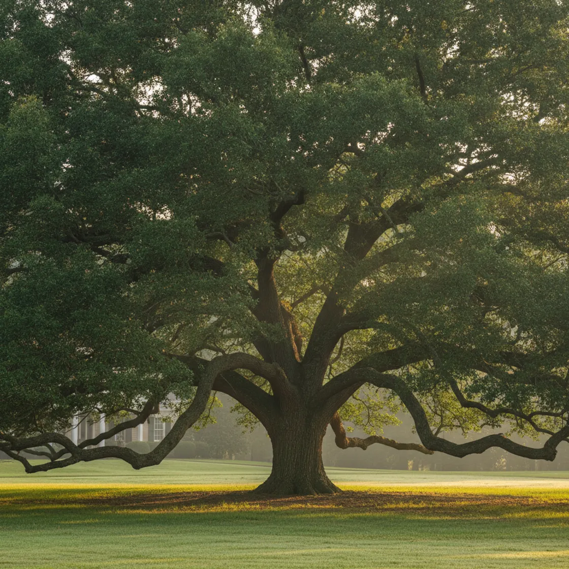 A broad mature oak with a spreading green canopy over a yard in warm morning light