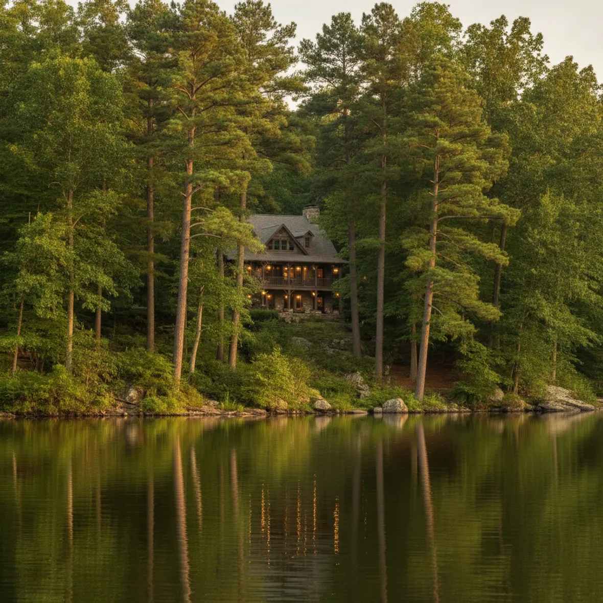 A wooded Cumming-area property along a calm lake shoreline, tall pines and oaks around a home among the trees