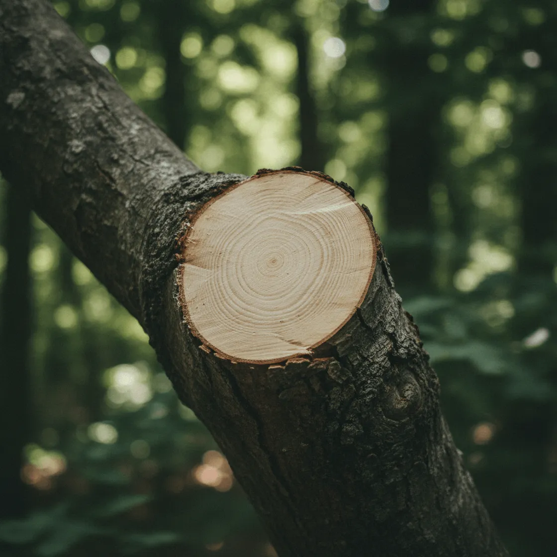 A clean fresh pruning cut at the collar of a thick oak branch, with a pruning saw resting against the bark
