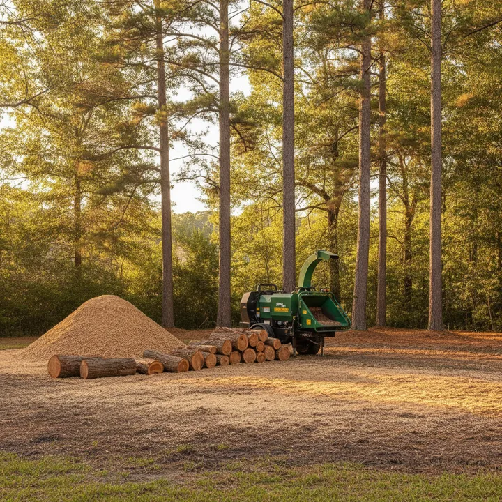 Neatly stacked cut log rounds and a pile of fresh wood chips beside a chipper on raked ground after a tree removal