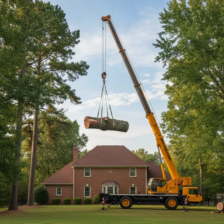 A yellow tree-service crane lifts a large cut section of an oak clear above a brick suburban home framed by tall pines