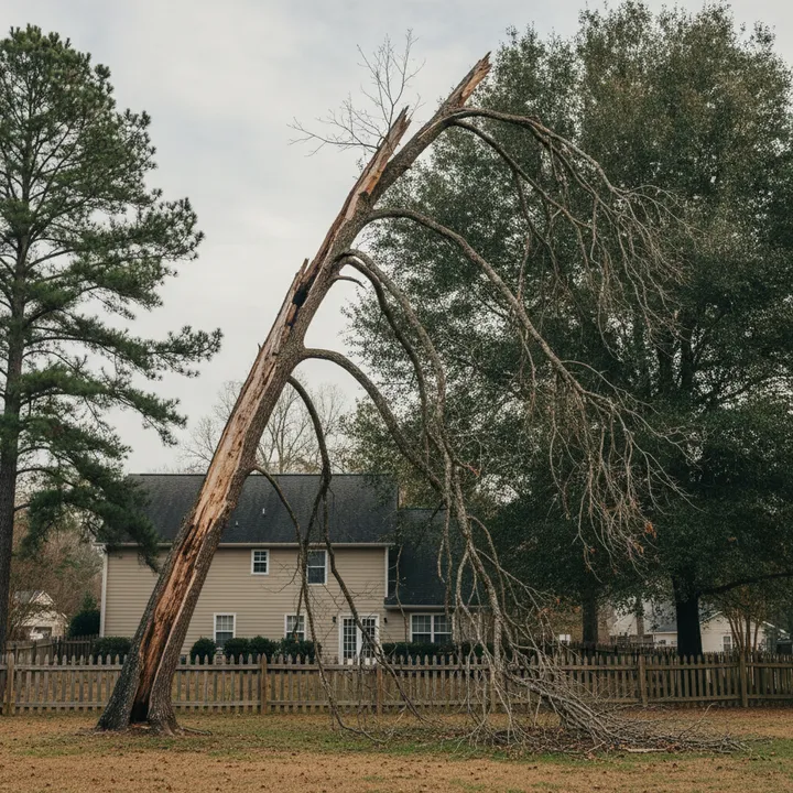 A large dead hardwood leaning toward a suburban Georgia house, its bare limbs broken and hanging over a wooden fence
