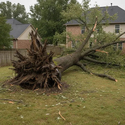 A large hardwood tree blown over across a suburban backyard after a storm, its root plate lifted out of the ground