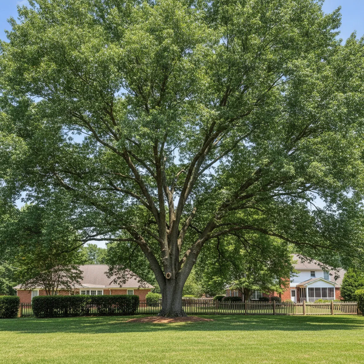 A large healthy oak in a suburban Georgia backyard, its crown recently and cleanly thinned so blue sky and light show through the branches