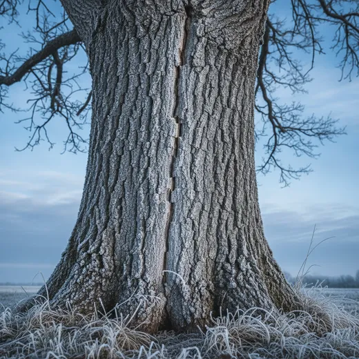 A hardwood tree trunk in winter with a vertical frost crack in the grey bark and a dusting of frost