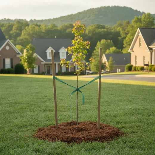 A young maple sapling held upright by two wooden support stakes in a tidy suburban front lawn at morning